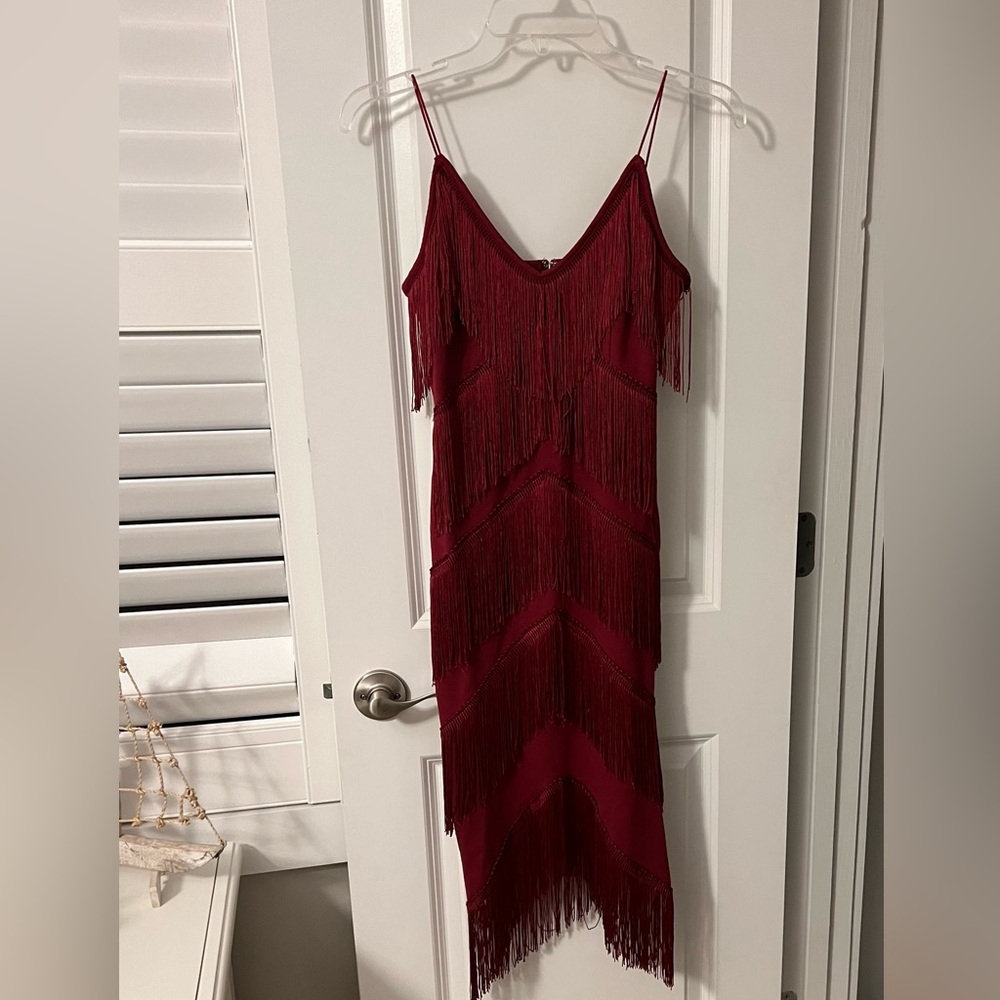 Burgandy Fringe Cocktail Dress XS